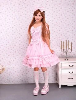 Lolitashow Sweet Pink Lotila OP Dress And Cape With Bows And Ruffles -AYA Cosplay Shop Cotton Pink Cape Sweet Lolita Dress 12659 2