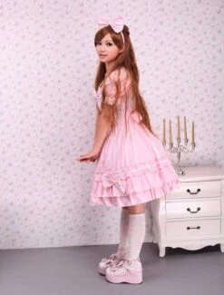 Lolitashow Sweet Pink Lotila OP Dress And Cape With Bows And Ruffles -AYA Cosplay Shop Cotton Pink Cape Sweet Lolita Dress 12659 3