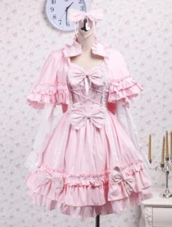 Lolitashow Sweet Pink Lotila OP Dress And Cape With Bows And Ruffles -AYA Cosplay Shop Cotton Pink Cape Sweet Lolita Dress 12659 4