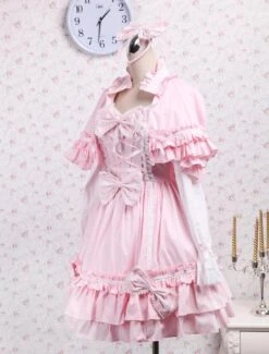 Lolitashow Sweet Pink Lotila OP Dress And Cape With Bows And Ruffles -AYA Cosplay Shop Cotton Pink Cape Sweet Lolita Dress 12659 5