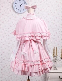 Lolitashow Sweet Pink Lotila OP Dress And Cape With Bows And Ruffles -AYA Cosplay Shop Cotton Pink Cape Sweet Lolita Dress 12659 6