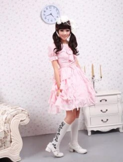 Sweet Pink Kawaiii Lolita OP Dress Short Sleeves Ruffles Design -AYA Cosplay Shop Cotton Pink Lace Ruffles Bow Cotton Sweet Lolita Dress 7674 1