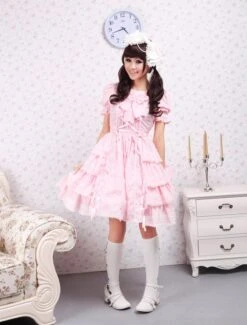 Sweet Pink Kawaiii Lolita OP Dress Short Sleeves Ruffles Design -AYA Cosplay Shop Cotton Pink Lace Ruffles Bow Cotton Sweet Lolita Dress 7674 2