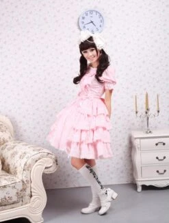 Sweet Pink Kawaiii Lolita OP Dress Short Sleeves Ruffles Design -AYA Cosplay Shop Cotton Pink Lace Ruffles Bow Cotton Sweet Lolita Dress 7674 3