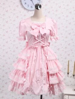 Sweet Pink Kawaiii Lolita OP Dress Short Sleeves Ruffles Design -AYA Cosplay Shop Cotton Pink Lace Ruffles Bow Cotton Sweet Lolita Dress 7674 4