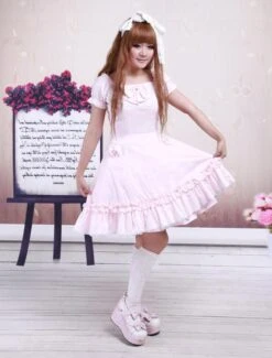 Lolitashow Cotton Pink Lace Short Sleeves Cosplay Lolita Dress -AYA Cosplay Shop Cotton Pink Lace Short Sleeves Cosplay Lolita Dress 16657 4