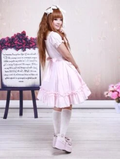 Lolitashow Cotton Pink Lace Short Sleeves Cosplay Lolita Dress -AYA Cosplay Shop Cotton Pink Lace Short Sleeves Cosplay Lolita Dress 16657 5