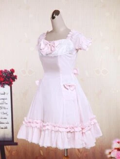 Lolitashow Cotton Pink Lace Short Sleeves Cosplay Lolita Dress -AYA Cosplay Shop Cotton Pink Lace Short Sleeves Cosplay Lolita Dress 16657 7