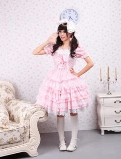 Lolitashow Cotton Pink Lace Sweet Lolita Dress -AYA Cosplay Shop Cotton Pink Lace Sweet Lolita Dress 7771 1