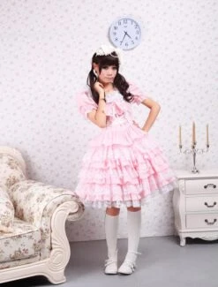 Lolitashow Cotton Pink Lace Sweet Lolita Dress -AYA Cosplay Shop Cotton Pink Lace Sweet Lolita Dress 7771 2