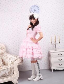 Lolitashow Cotton Pink Lace Sweet Lolita Dress -AYA Cosplay Shop Cotton Pink Lace Sweet Lolita Dress 7771 3