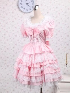 Lolitashow Cotton Pink Lace Sweet Lolita Dress -AYA Cosplay Shop Cotton Pink Lace Sweet Lolita Dress 7771 5