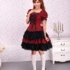 Lolitashow Cotton Red Black Gingham Loltia OP Dress Short Sleeves Lace Up -AYA Cosplay Shop Cotton Short Sleeves Black And Red Shepherd Check School Lolita Dress 16659 0
