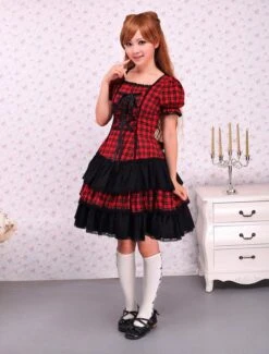 Lolitashow Cotton Red Black Gingham Loltia OP Dress Short Sleeves Lace Up -AYA Cosplay Shop Cotton Short Sleeves Black And Red Shepherd Check School Lolita Dress 16659 1