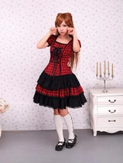 Lolitashow Cotton Red Black Gingham Loltia OP Dress Short Sleeves Lace Up -AYA Cosplay Shop Cotton Short Sleeves Black And Red Shepherd Check School Lolita Dress 16659 2
