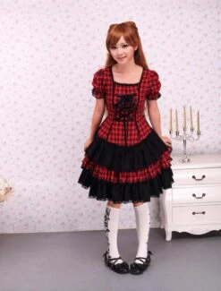 Lolitashow Cotton Red Black Gingham Loltia OP Dress Short Sleeves Lace Up -AYA Cosplay Shop Cotton Short Sleeves Black And Red Shepherd Check School Lolita Dress 16659 3