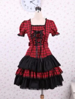 Lolitashow Cotton Red Black Gingham Loltia OP Dress Short Sleeves Lace Up -AYA Cosplay Shop Cotton Short Sleeves Black And Red Shepherd Check School Lolita Dress 16659 4