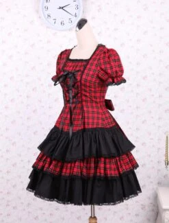 Lolitashow Cotton Red Black Gingham Loltia OP Dress Short Sleeves Lace Up -AYA Cosplay Shop Cotton Short Sleeves Black And Red Shepherd Check School Lolita Dress 16659 5