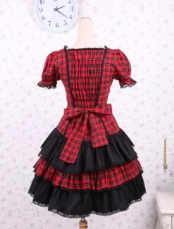 Lolitashow Cotton Red Black Gingham Loltia OP Dress Short Sleeves Lace Up -AYA Cosplay Shop Cotton Short Sleeves Black And Red Shepherd Check School Lolita Dress 16659 6