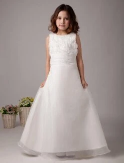 Cute White Sleeveless Embroidery Satin Flower Girl Dress