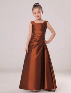 Flower Girl Dresses Ember Red A Line Square Neckline Taffeta Ankle Length Toddler's Dinner Dress -AYA Cosplay Shop Exquisite Chocolate Brown Taffeta Square Collar Floor Length Junior Bridesmaid Dress 117538 3