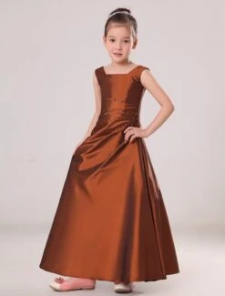 Flower Girl Dresses Ember Red A Line Square Neckline Taffeta Ankle Length Toddler's Dinner Dress -AYA Cosplay Shop Exquisite Chocolate Brown Taffeta Square Collar Floor Length Junior Bridesmaid Dress 117538 4
