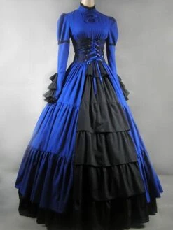 Prom Dress Victorian Dress Costume Blue Satin Ruffle Long Sleeves High Collar For Women's Victorian Era Clothing Corest Retro Outfits Halloween -AYA Cosplay Shop Gothic Lolita Victorian Aristocrat Blue Long Dress Gown 34032 528482