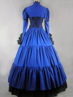 Prom Dress Victorian Dress Costume Blue Satin Ruffle Long Sleeves High Collar For Women's Victorian Era Clothing Corest Retro Outfits Halloween -AYA Cosplay Shop Gothic Lolita Victorian Aristocrat Blue Long Dress Gown 34032 528486