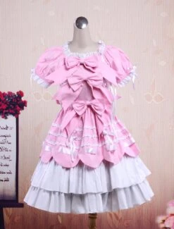 Lolitashow Sweet Purple Pink Lolita OP Dress Short Sleeves Layers Bows And Trim -AYA Cosplay Shop Light Purple And Pink Cotton Bandage Ruffle Bow Sweet Lolita Dress 51442 10