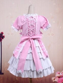 Lolitashow Sweet Purple Pink Lolita OP Dress Short Sleeves Layers Bows And Trim -AYA Cosplay Shop Light Purple And Pink Cotton Bandage Ruffle Bow Sweet Lolita Dress 51442 12