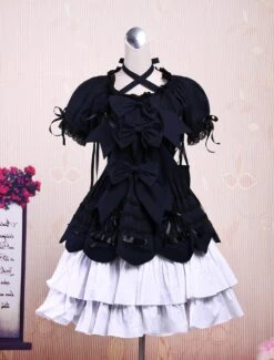 Lolitashow Sweet Purple Pink Lolita OP Dress Short Sleeves Layers Bows And Trim -AYA Cosplay Shop Light Purple And Pink Cotton Bandage Ruffle Bow Sweet Lolita Dress 51442 7