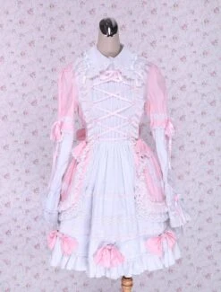 Lolitashow Pink And White Turndown Collar Front Tie Cotton Sweet Lolita Dress -AYA Cosplay Shop Pink And White Turndown Collar Front Tie Cotton Sweet Lolita Dress 49386 7