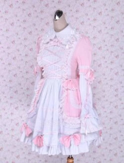 Lolitashow Pink And White Turndown Collar Front Tie Cotton Sweet Lolita Dress -AYA Cosplay Shop Pink And White Turndown Collar Front Tie Cotton Sweet Lolita Dress 49386 8