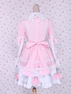 Lolitashow Pink And White Turndown Collar Front Tie Cotton Sweet Lolita Dress -AYA Cosplay Shop Pink And White Turndown Collar Front Tie Cotton Sweet Lolita Dress 49386 9