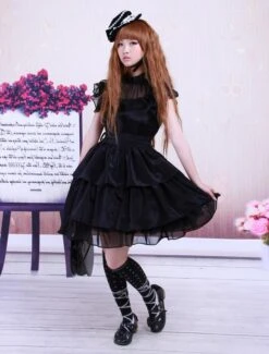 Lolitashow Rayon Yarn Black Lolita OP Dress With Ruffles Waist Belt -AYA Cosplay Shop Rayon Sash Ruffles Gothic Lolita Dress 13098 3