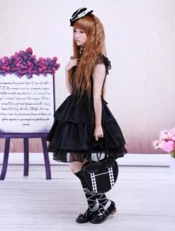 Lolitashow Rayon Yarn Black Lolita OP Dress With Ruffles Waist Belt -AYA Cosplay Shop Rayon Sash Ruffles Gothic Lolita Dress 13098 5