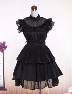 Lolitashow Rayon Yarn Black Lolita OP Dress With Ruffles Waist Belt -AYA Cosplay Shop Rayon Sash Ruffles Gothic Lolita Dress 13098 6