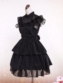 Lolitashow Rayon Yarn Black Lolita OP Dress With Ruffles Waist Belt -AYA Cosplay Shop Rayon Sash Ruffles Gothic Lolita Dress 13098 7