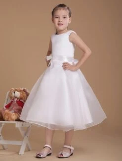 Romantic White Satin Flower Girl Dress