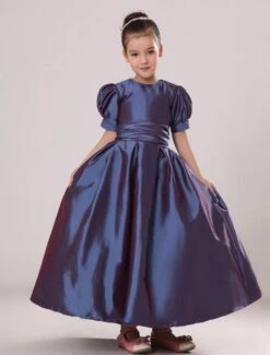 Flower Girl Dress Plum Purple Taffeta Ruched Toddlers Pageant Dress Short Sleeve Princess Floor Length Kids Party Dress