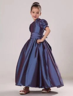 Flower Girl Dress Plum Purple Taffeta Ruched Toddlers Pageant Dress Short Sleeve Princess Floor Length Kids Party Dress -AYA Cosplay Shop Short Puff Sleeves Taffeta Sash Flower Girl Dress 14897 4