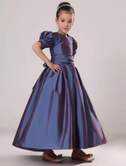 Flower Girl Dress Plum Purple Taffeta Ruched Toddlers Pageant Dress Short Sleeve Princess Floor Length Kids Party Dress -AYA Cosplay Shop Short Puff Sleeves Taffeta Sash Flower Girl Dress 14897 5