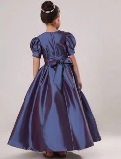 Flower Girl Dress Plum Purple Taffeta Ruched Toddlers Pageant Dress Short Sleeve Princess Floor Length Kids Party Dress -AYA Cosplay Shop Short Puff Sleeves Taffeta Sash Flower Girl Dress 14897 6