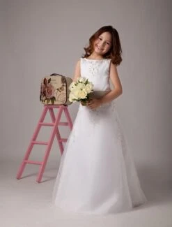 Flower Girl Dresses White Satin Organza Kids Party Dresses Sleeveless Sash Lace Beaded First Communion Dress -AYA Cosplay Shop White A line Sleeveless Sash Satin Organza Flower Girl Dress 18620 771480