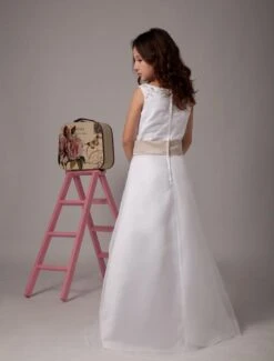 Flower Girl Dresses White Satin Organza Kids Party Dresses Sleeveless Sash Lace Beaded First Communion Dress -AYA Cosplay Shop White A line Sleeveless Sash Satin Organza Flower Girl Dress 18620 771484