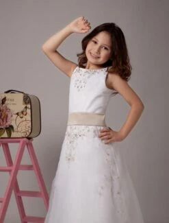 Flower Girl Dresses White Satin Organza Kids Party Dresses Sleeveless Sash Lace Beaded First Communion Dress -AYA Cosplay Shop White A line Sleeveless Sash Satin Organza Flower Girl Dress 18620 771486