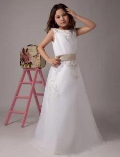 Flower Girl Dresses White Satin Organza Kids Party Dresses Sleeveless Sash Lace Beaded First Communion Dress