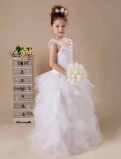 White Princess Tulle Tiered Flower Girl Dress 11 White Princess Tulle Tiered Flower Girl Dress -AYA Cosplay Shop White A line Square Floor Length Flower Girl Dress 101408 10
