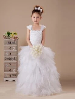 White Princess Tulle Tiered Flower Girl Dress