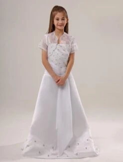White Beaded Satin Flower Girl Dress